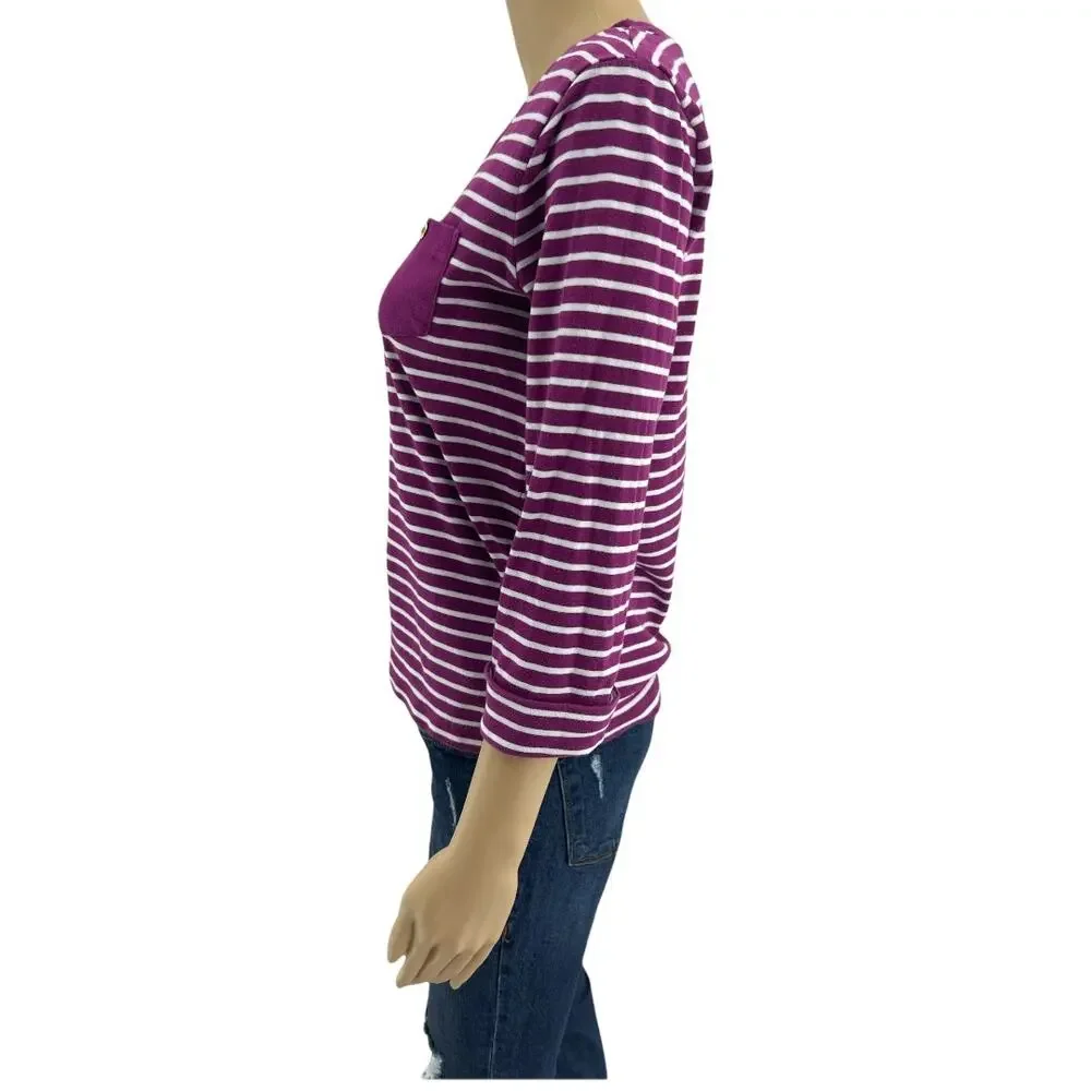 Jones New York (M) Purple White Striped  Rolled Cuff 1/2 Sleeve Boat Tee Shirt - Picture 3 of 7